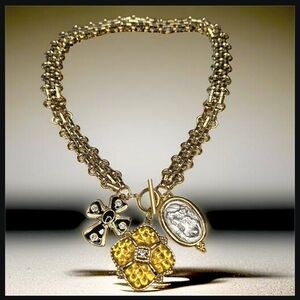 18k Gold Plated Chunky Quilted Maltese Cross Ancient Coin Charm Necklace